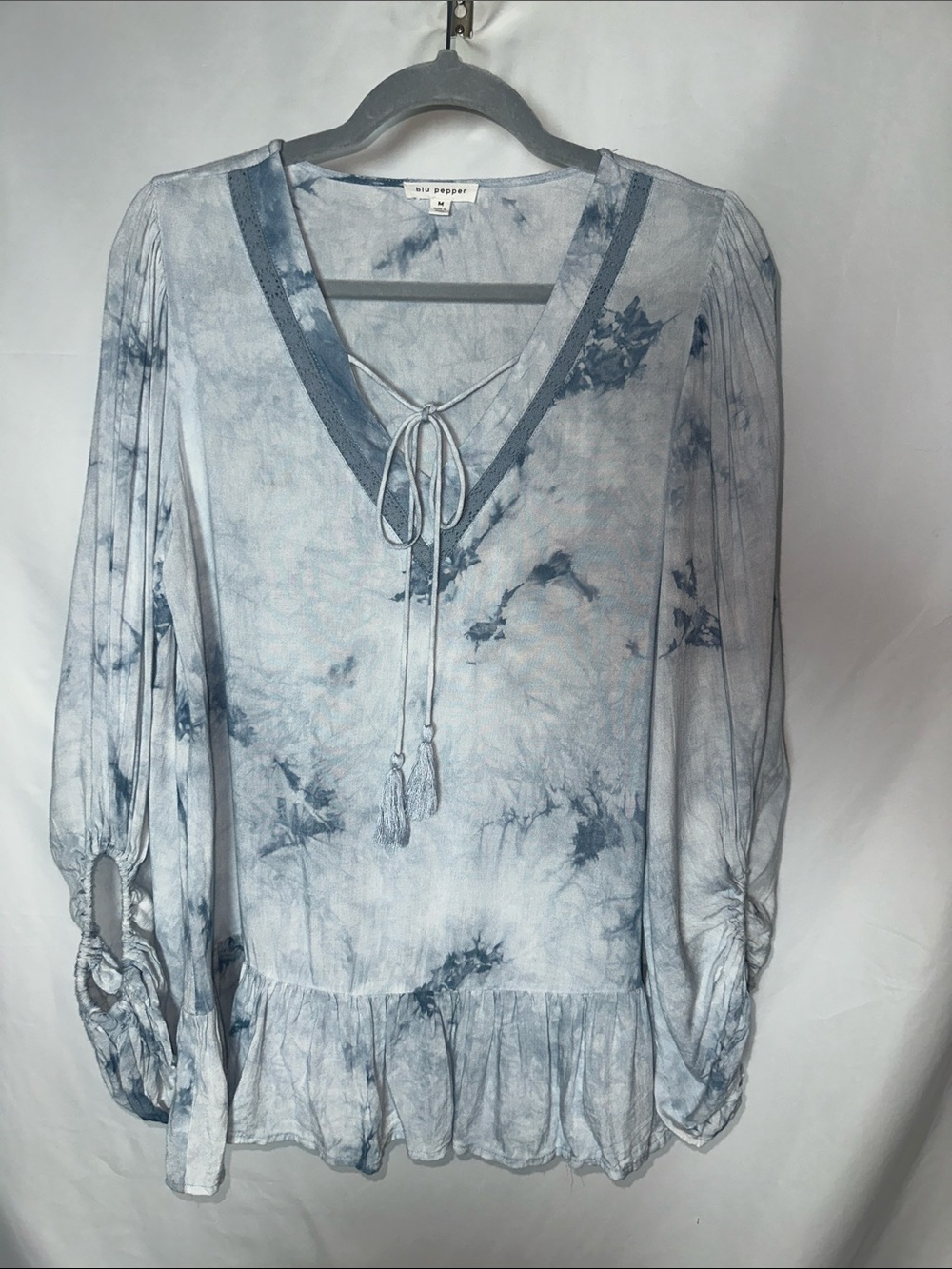 Blu Pepper Blue Tie-Dye V-Neck Peasant Blouse